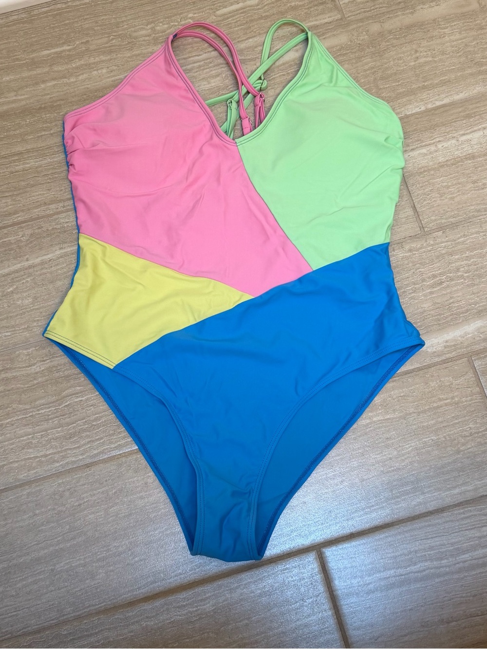 Colorblock One-Piece Swimsuit - Pink, Lime, Yellow, Blue Size XL